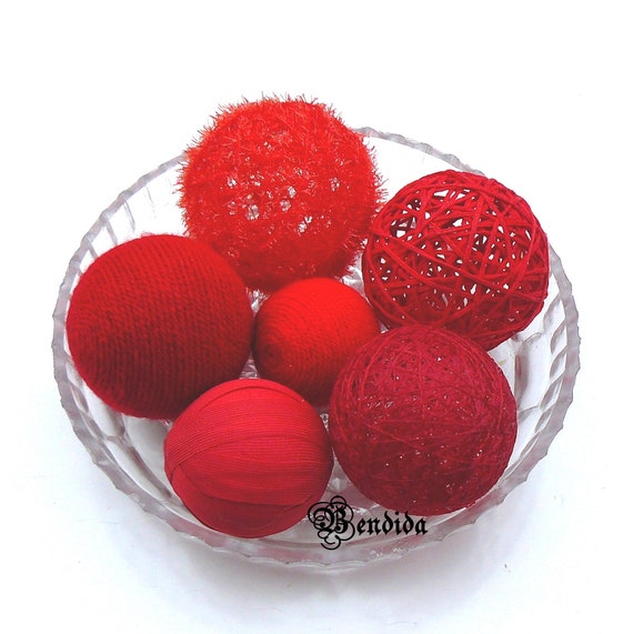 6 Red Decorative Balls for Bowls, Vase Fillers Orbs, Yarn Wrapped