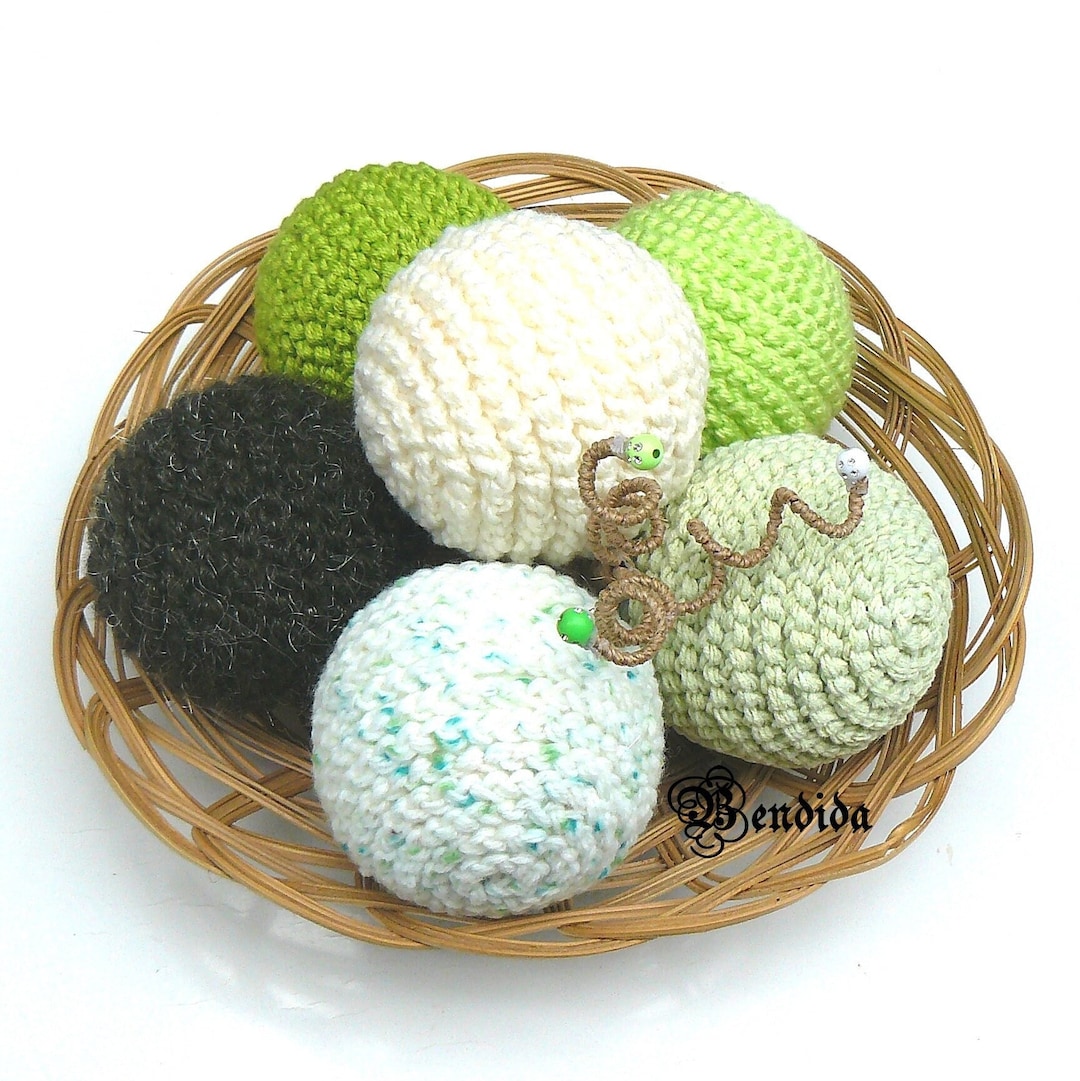 6 Green White Decorative Balls for Bowls, Vase Fillers Orbs, Rope Yarn Wrapped Spheres, Dining