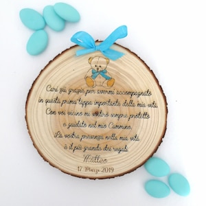 Favor for Godmother/Godfather Baptism wooden log with teddy bear with dedication phrase personalized engraving diameter 15 cm gift idea