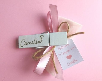 Wooden clip with engraving wedding favor Baptism Birth Birthday sugared almonds shabby chic