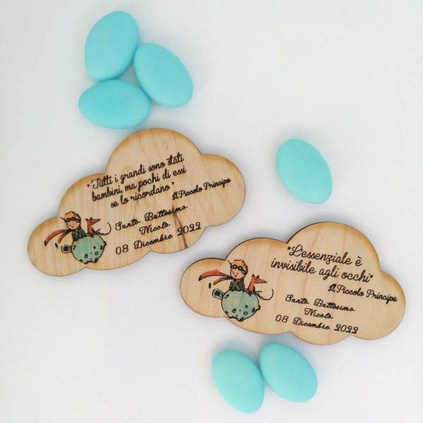 Calamita in Legno Piccolo Principe personalizzabile bomboniera per Battesimo e nascita sacchetto portaconfetti confettata celeste azzurro