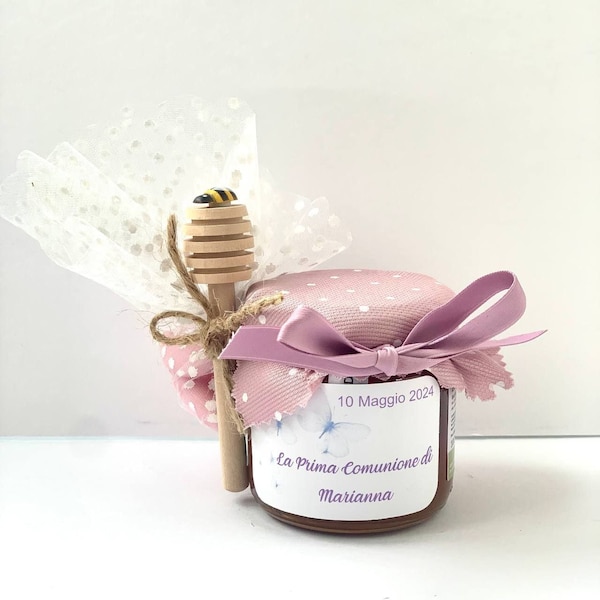 First Communion favor for girls. Artisan wildflower honey jar 100g, label with butterflies
