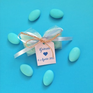 1 Sacchetto confettata in tulle con tag personalizzabile Bimbo per Nascita e Battesimo confettata confetti celeste azzurro
