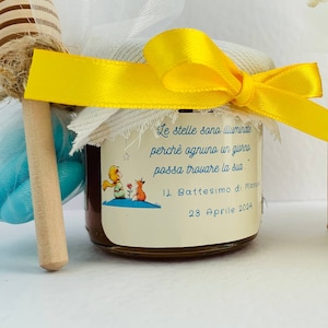 Bomboniera BATTESIMO Piccolo Principe bimbo Barattolino Miele millefiori artigianale 140gr, etichetta personalizzabile gialla