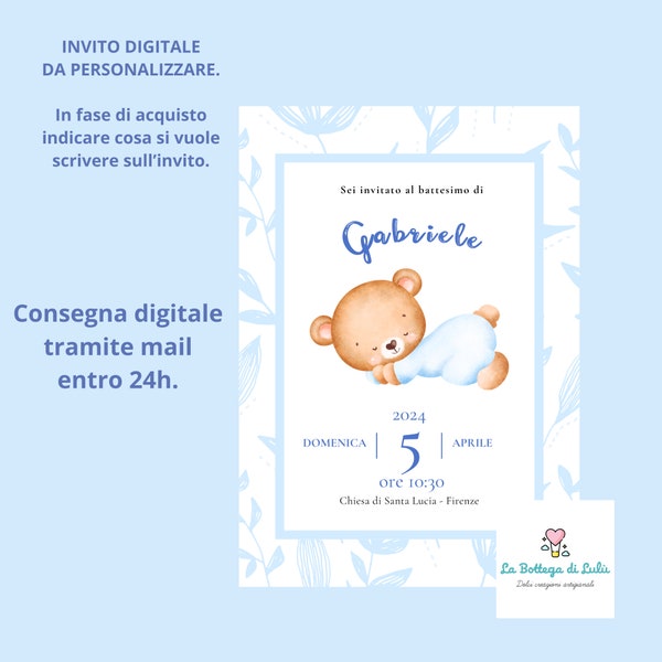 Invito digitale Battesimo bimbo orsacchiotto personalizzabile da inviare o stampare, WHATSAPP - FILE DIGITALE