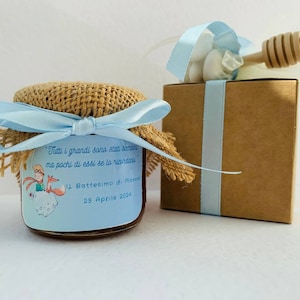 Bomboniera Battesimo bimbo PICCOLO PRINCIPE Barattolino Miele millefiori artigianale 140gr, etichetta personalizzabile celeste