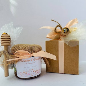 Bomboniera Matrimonio Barattolino Miele millefiori artigianale 140gr, etichetta con fiori e rose color pesca