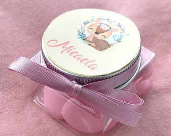 Plexiglass box for sugared almonds with plate and personalized drawing 5 cm x 5 cm Birth Baptism Birthday