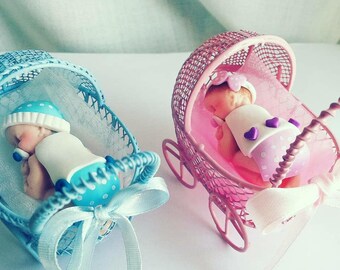 Baptism favor for girls/baby in pink or light blue fimo in the pram