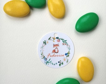 TAG étiquettes perforées Renard personnalisable avec prénom pour Naissance Baptême Anniversaire 4 cm x 4 cm