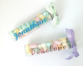 Portaconfetti in plexiglass con Marshmallow e nome personalizzato 12cm x 3cm Nascita Battesimo Comunione Cresima Compleanno