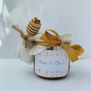 Bomboniera Matrimonio Barattolino Miele millefiori artigianale 140gr, etichetta con fiori dorato giallo