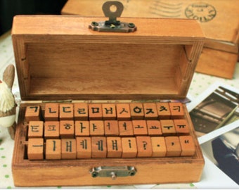 Korean Alphabet Rubber Stamp (33 Pcs) 한글 스탬프 Characters Wooden Box Vintage Antique Finish - Typewriter Font