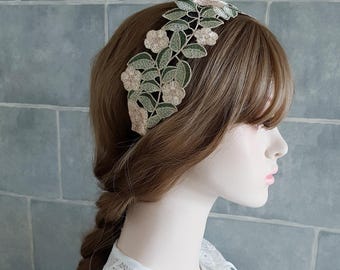 Fascia per capelli ricamata con motivo foresta fatata / Accessorio per capelli in pizzo floreale coreano vintage / Elegante fascia per capelli da giorno