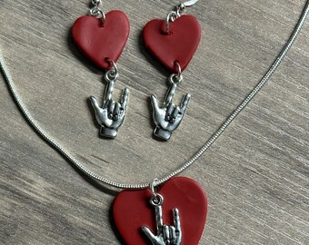 Red Heart ILY Set Necklace and Earrings