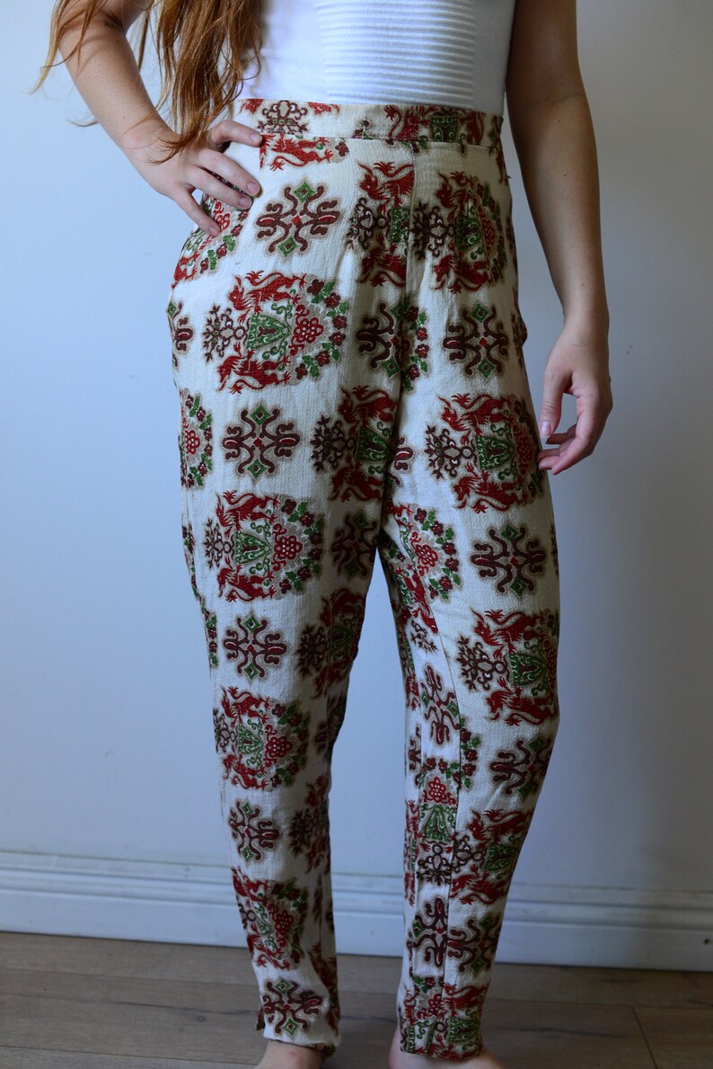 vintage 80/'s print high waisted trousers red and green emblem print mandala design