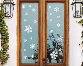 32 Snowflakes Window Decals. Xmas Snowflake Window Transfers. Shop Front Self Adhesive Christmas Decorations. Waterproof Sign Grade Decals