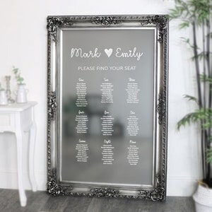 Wedding Mirror Seating Plan Decal. Vinyl lettering Table Chart Sticker. Love Heart Design. DIY Seating Plan Chart. Vinyl Table Plan