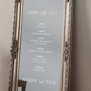 Order Of The Day Wedding Decal. Mirror Timeline of Events Sticker. Mirror Decal