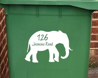 2 Wheelie Bin Vinyl Decals. Elephant Design House Number, Street Name Stickers. Waterproof Recycle Trash Can Skip Rubbish bin Transfers