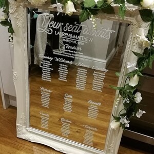 May include: A white framed mirror with a seating chart for a wedding. The mirror has a white floral garland around it. The seating chart is written in white lettering on the mirror. The text on the mirror reads "Your seat awaits Lauren & Matthew March 31, 2018 Hendrick's Tanqueray W Edwards Bloems Bombay  Coerunn Oplh Sipsmith Puister Gordon's Beefeater"