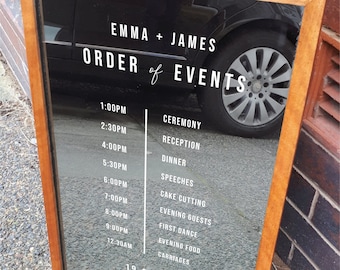 Custom Order Of The Day Wedding Decal. Personalised Timeline of the Day Sign. Mirror Acrylic Glass Sticker