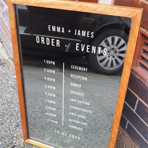 Custom Order Of The Day Wedding Decal. Personalised Timeline of the Day Sign. Mirror Acrylic Glass Sticker