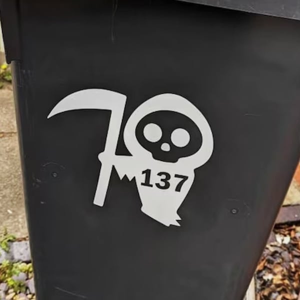 2 Skull Wheelie Bin Decals. House Number Sticker. Bin Trash Skip Rubbish Home Bin Transfers. Street Name Decals. Peel and Stick