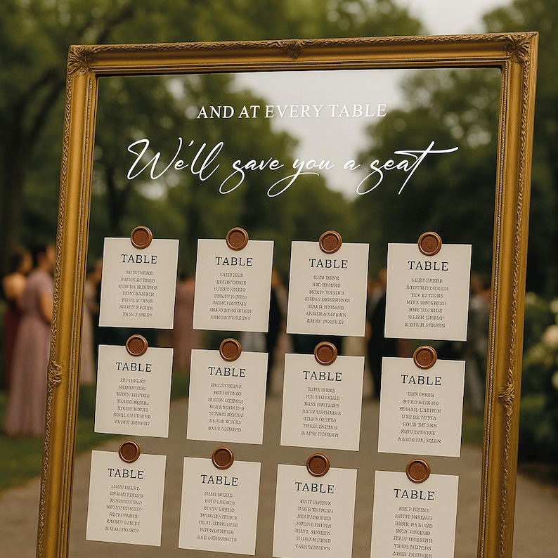 May include: A gold framed seating chart with the text "And at every table, We'll save you a seat." Twelve cards are displayed, each labeled "TABLE" and listing names. The cards are affixed with brown wax seals.