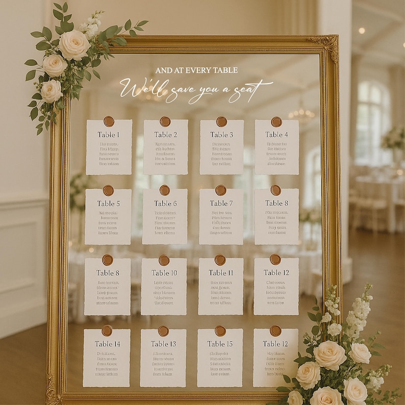 May include: A gold framed seating chart with the text "And at every table, We'll save you a seat." Sixteen individual table assignments are displayed on cream-colored cards, each with a gold wax seal. Floral arrangements adorn the frame.