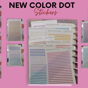 May include: Pink background with the text "NEW COLOR DOT Stickers". The image shows several sheets of dot stickers in various colors, including red, blue, yellow, and purple. The stickers are arranged in neat rows and columns. The brand logo is in the upper right corner.