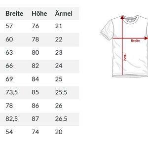 May include: White t-shirt with a diagram showing measurements for width and height. A table displays sizes from XS to 5XL, with corresponding measurements in centimeters for width, height, and sleeve length.