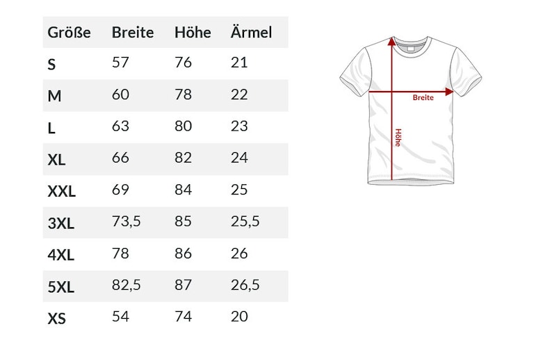 May include: White t-shirt with a diagram showing measurements for width and height. A table displays sizes from XS to 5XL, with corresponding measurements in centimeters for width, height, and sleeve length.