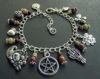 Pagan/Wiccan Sabbat Charm Bracelet - Mabon - with Autumn & Brecciated Jasper Beads. Wicca, Witch, Equinox, Pentacle, Goddess
