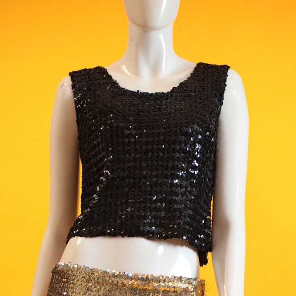 Vintage Top 1950s Black Sequin Shell Top Tank Top Sleeveless Top by 'Nicole for Lord & Taylor 5th Avenue' Size  UK 10 US 6