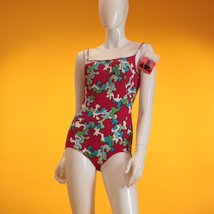 Vintage Swimsuit 1960s Red Abstract Print Bathing Suit One Piece by &#39;Tweka&#39; Dead Stock with Original Label UK 6-8 US 2-4