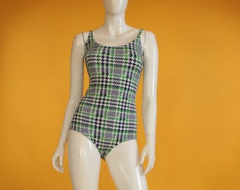 Vintage Houndstooth-badpak: eendelig badpak uit de jaren 60-70 (VK 14 / VS 10)