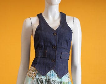 1970s Denim Vest: Vintage Dark Blue Cotton Waistcoat Dead Stock, UK 8 US 4