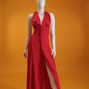 Vintage Ossie Clark for Radley Dress 1970s Red Halter Neck Moss Crepe & Satin Maxi Dress Judy Dress UK 8 US 4