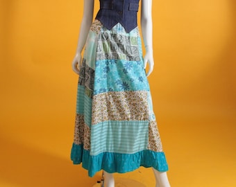 Vintage jaren 70 patchwork maxi-rok: bloemen boho prairiestijl, klein