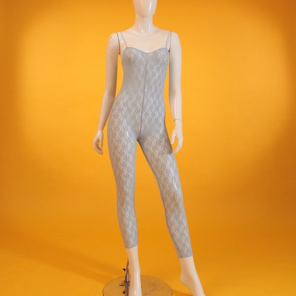 Vintage Catsuit 1980s Mary Quant Lace Pale Blue Body Suit Brand New Deadstock Size XS S