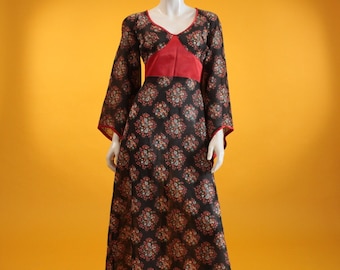 Vintage Dress 1970s Floral Kimono Sleeve Black Cotton Voile & Red Satin Maxi Dress by 'Dollyrockers' UK 6-8 US 2-4