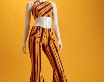 Vintage Co-ord 1960s 'Sonny & Cher Originals' Sleeveless Striped Crop Top and Bell Bottom Flares Trousers Pants Extremely Rare UK 8 US 4