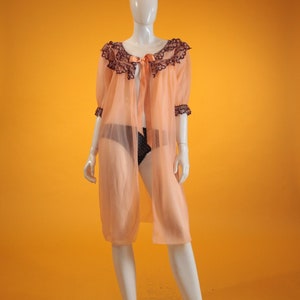 Vintage 1950s/1960s Peignoir Negligee Peach & Brown Lace Chiffon Robe Nightwear by &#39;Spinney&#39; Size Small