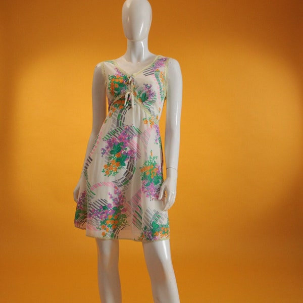 Vintage Slip 1960s White Floral Multicoloured Yellow Lace Nylon Babydoll Negligée UK 10 US 6