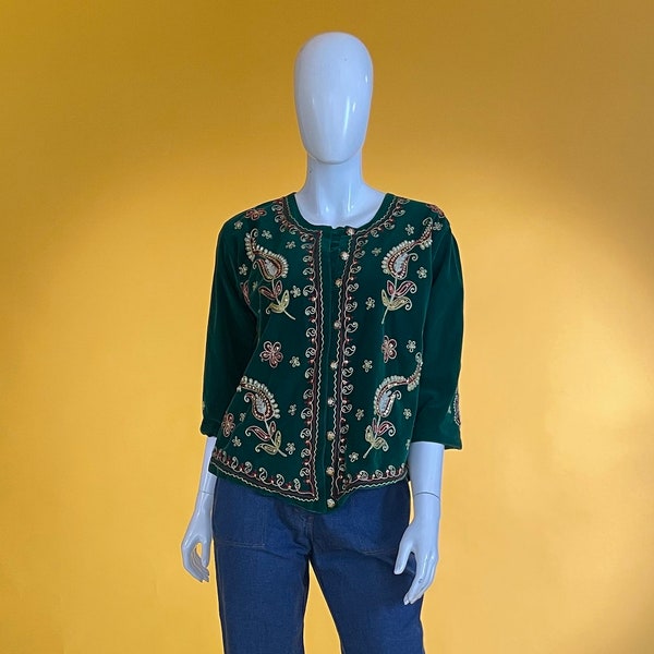 Vintage Jacket 1970s Green Velvet Embroidered Embellished Coat UK 8 US 4