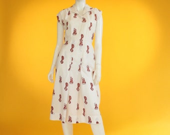 Vintage Dress 1940s Cotton Cream & Brown African Print Novelty Print Day Dress Summer Dress Safari Dress UK 6 US 2