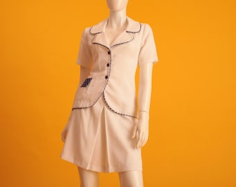 1970s Vintage Suit: White Mini Skirt & Jacket, Navy Polka Dot - XS