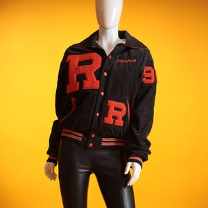 Vintage Varsity Jacket 1980s American Dark Grey & Orange Patch Corduroy Quilted by &#39;Rennoc&#39; Size M