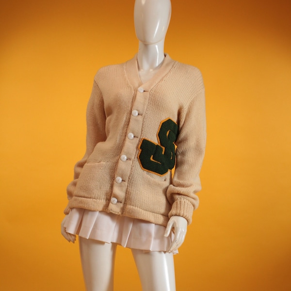 Vintage Varsity Cardigan 1950s Cream Wool Letterman Knit by 'Lanza' Size S/M